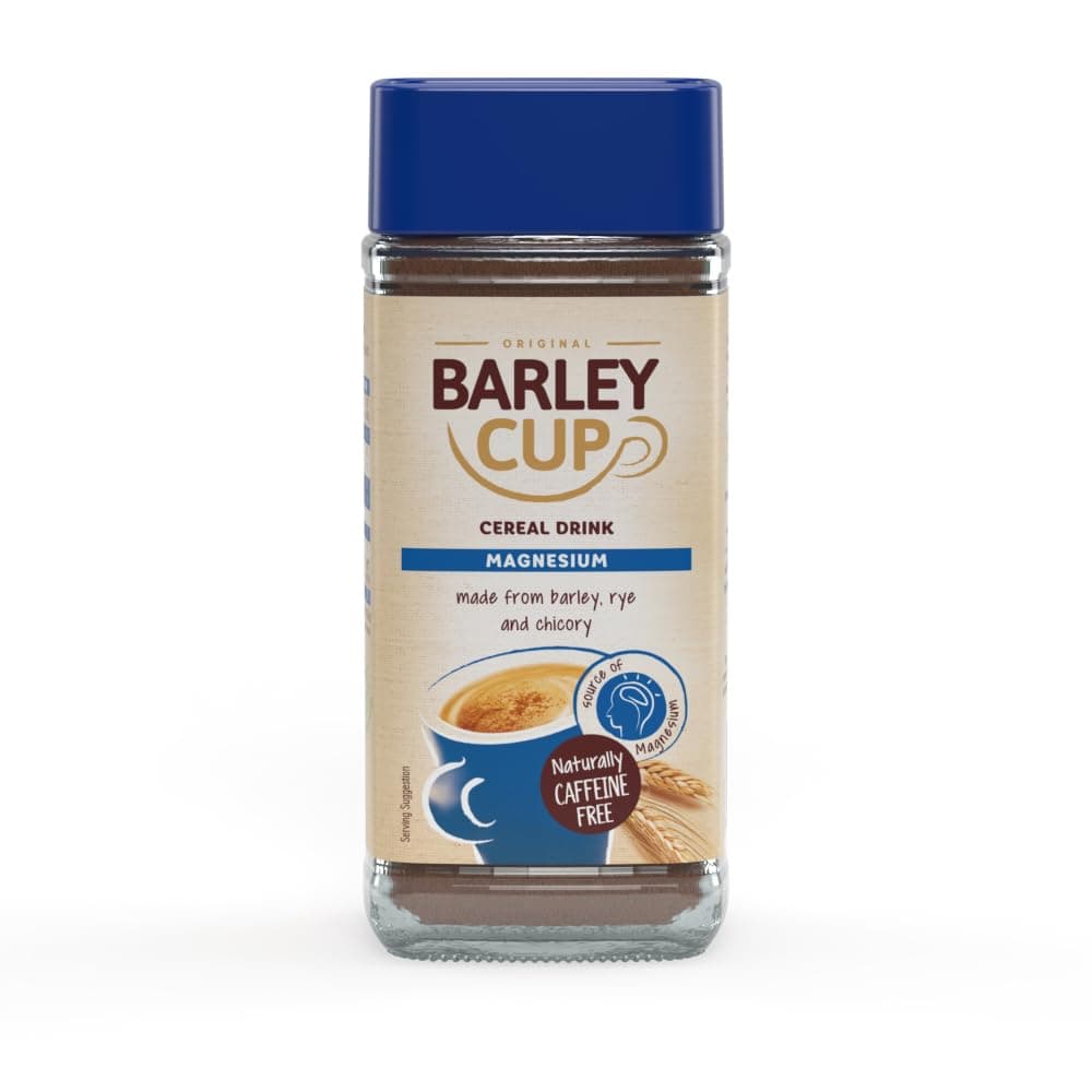 Barleycup Magnesium Instant Grain Beverage 100g. Enriched with Magnesium. Made from the finest cultivated roasted grains and chicory roots. Vegan. Free from caffeine and artificial additives.