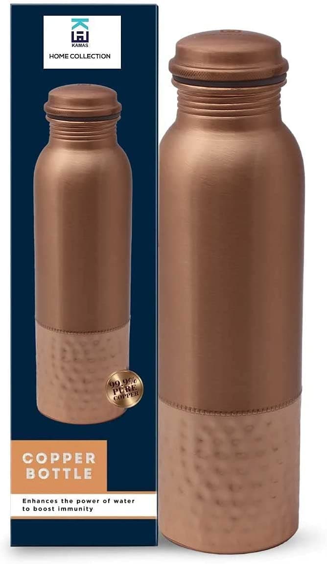 KHC 100% Pure Copper Water Bottle Handcrafted | 34 Oz 1 Litter Copper Water Vessel - Drink More Water Bottle in many Patterns– Large -Leak Proof - Smooth Finish (Dual Tone Copper Bottle)
