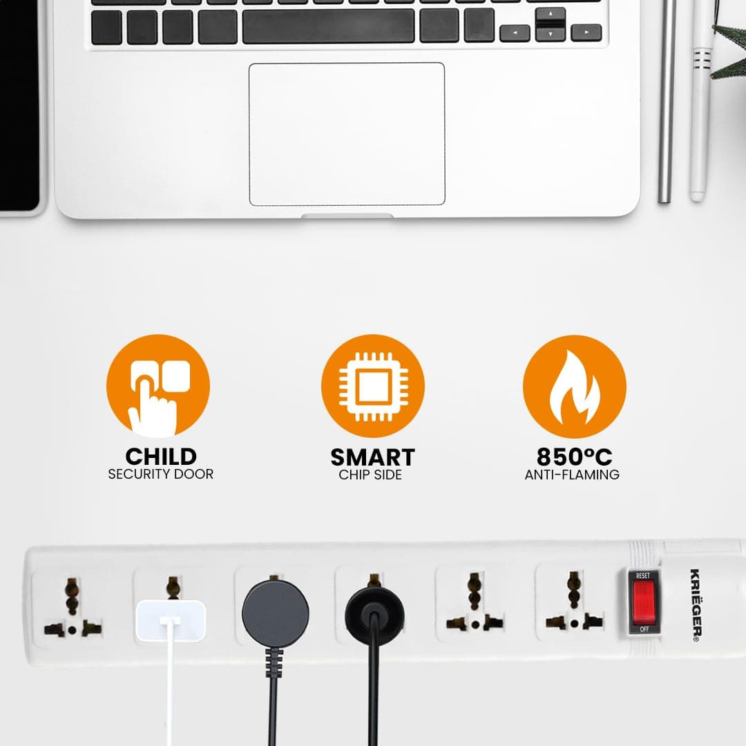 KRIEGER Universal Power Strip AC 220-240V Surge Protector With Heavy Duty German Schuko Plug For Computer, Printers, 6 Universal AC Outlets - Type E/F