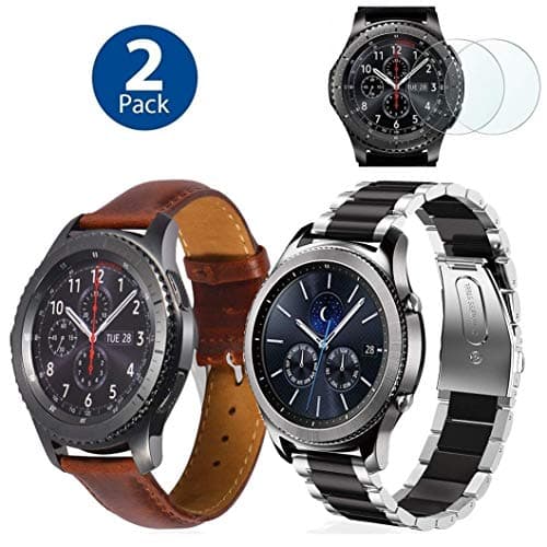 (2 Pack) F.R Bands Compatible Gear S3 Frontier & Classic and Galaxy Watch 46mm, Stainless Steel + Genuine Leather 22mm Strap Replacement Wristband Compatible With Gear S3, 2x Screen Protector As Bonus