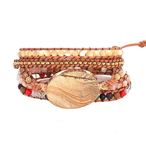 IUNIQUEEN Boho Leather 5 Wrap Natural Picture Jasper Stone Bead Adjustable Bracelet Jewelry for Women