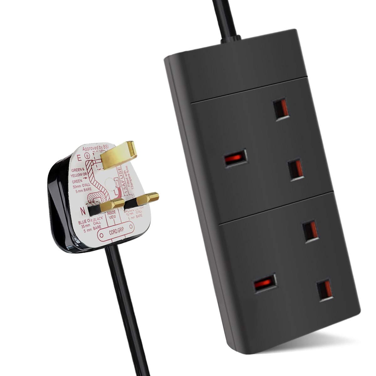 2 Way Extension Lead, 13A Fused UK Plug Extension Socket, 2M Extension Cable Power Strip - Black