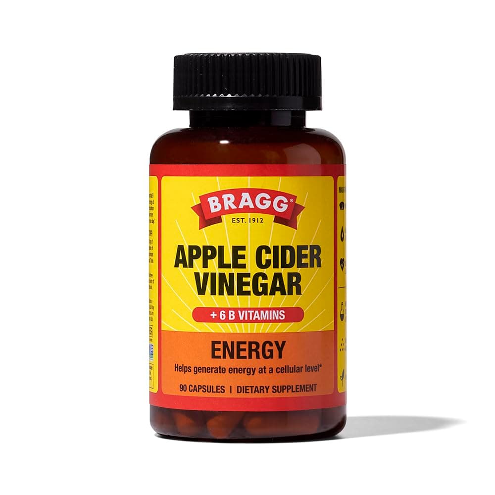Bragg Energy Apple Cider Vinegar Capsules with B-12 Vitamins - 90 Capsules - Weight Management - Non-GMO, Vegan, Gluten Free, No Sugar - Helps Generate Energy at Cellular Level for Men and Women