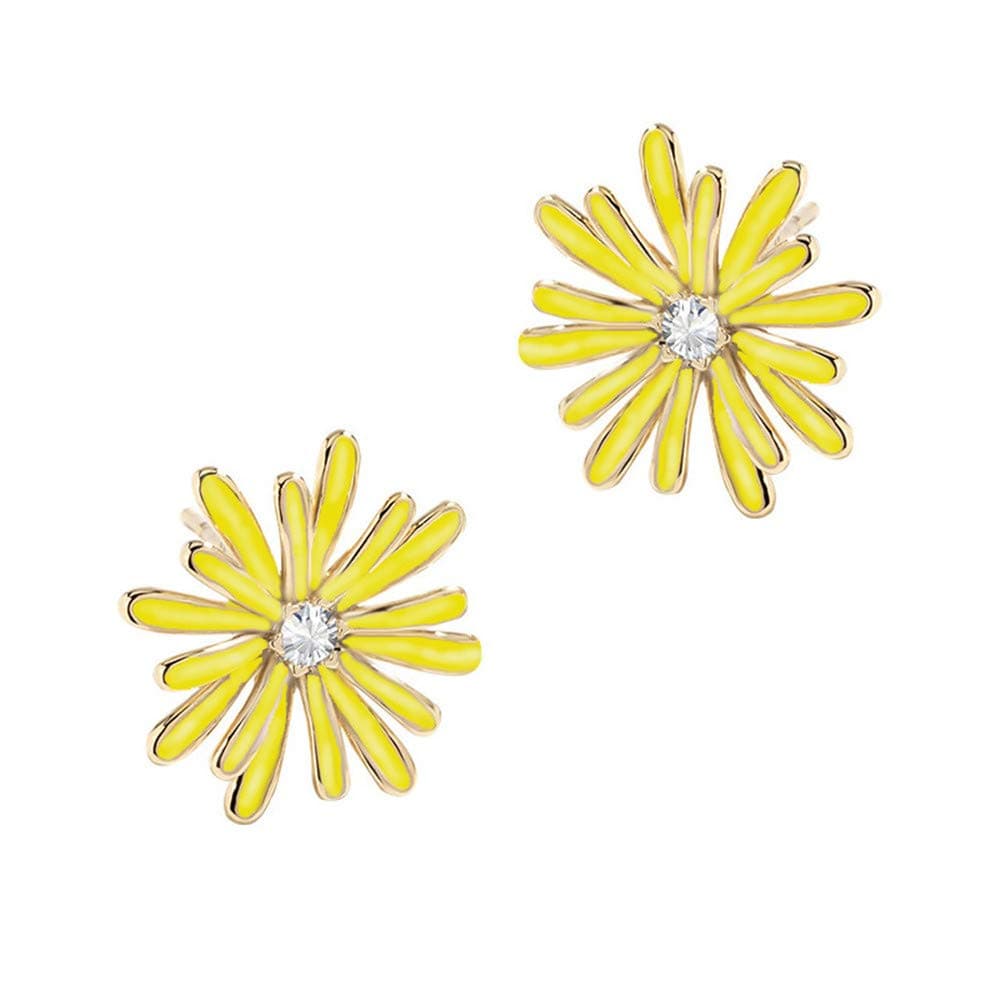 Dainty Double Layer 3D Floral Sunflower Daisy Stud Earrings with CZ, White/Yellow/Pink, Hypoallergenic Post, Geometric Statement Flower Stud Earrings for Women Girls Teen