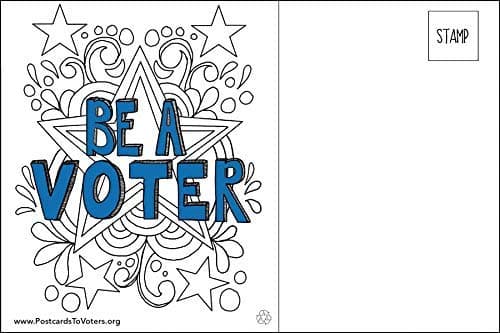 Be a Voter Postcards (Coloring Stars design), Bulk set of 100 blank 4x6 postcards printed on linen cardstock; this purchase helps support operating costs of Postcards to Voters