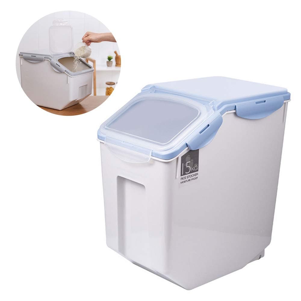 Cereal Storage Container 15 KG/33 Lbs,Moistureproof Airtight Rice Container Case,BPA Free Insectproof Grain Organizer Box with Measuring Cup/Wheels/handle for Oatmeal Sugar Nuts Beans Flour Dry Food