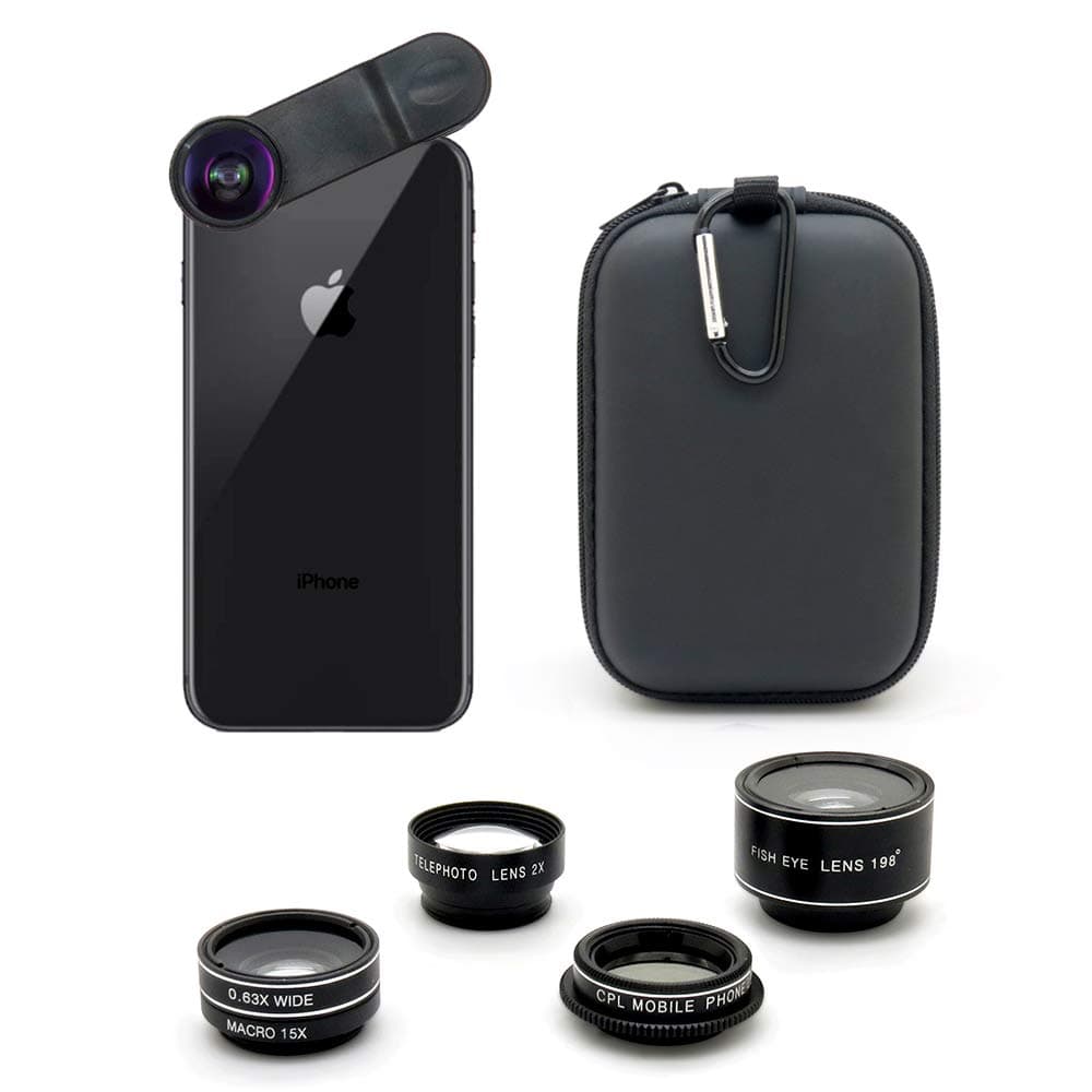 Phone Camera Lens 5 in 1 Kit, 0.63X Wide Angle & 15X Macro Lenses + 198° Fisheye Lens + 2X Telephoto + CPL Lens for iPhone X, 8, 8 Plus, 7, 7 Plus,Samsung S9 S8 Plus, Android Smartphones