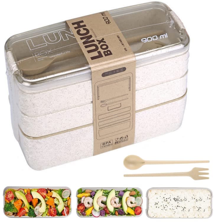 LONENESSLBento Box Lunch Box,3-in-1 Compartment Bento Lunch Box for Kids and Adults, Stackable Lunch Box with compartments Includes Spoon, Fork and Sauce Try(Beige)