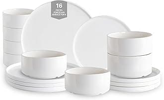 Plates and Bowls Sets - KilomSumat 16 Piece Modern Porcelain Dinnerware Set for 4, Ceramic Kitchen Dinner Dishware Dishes, Microwave and Dishwasher Safe, White