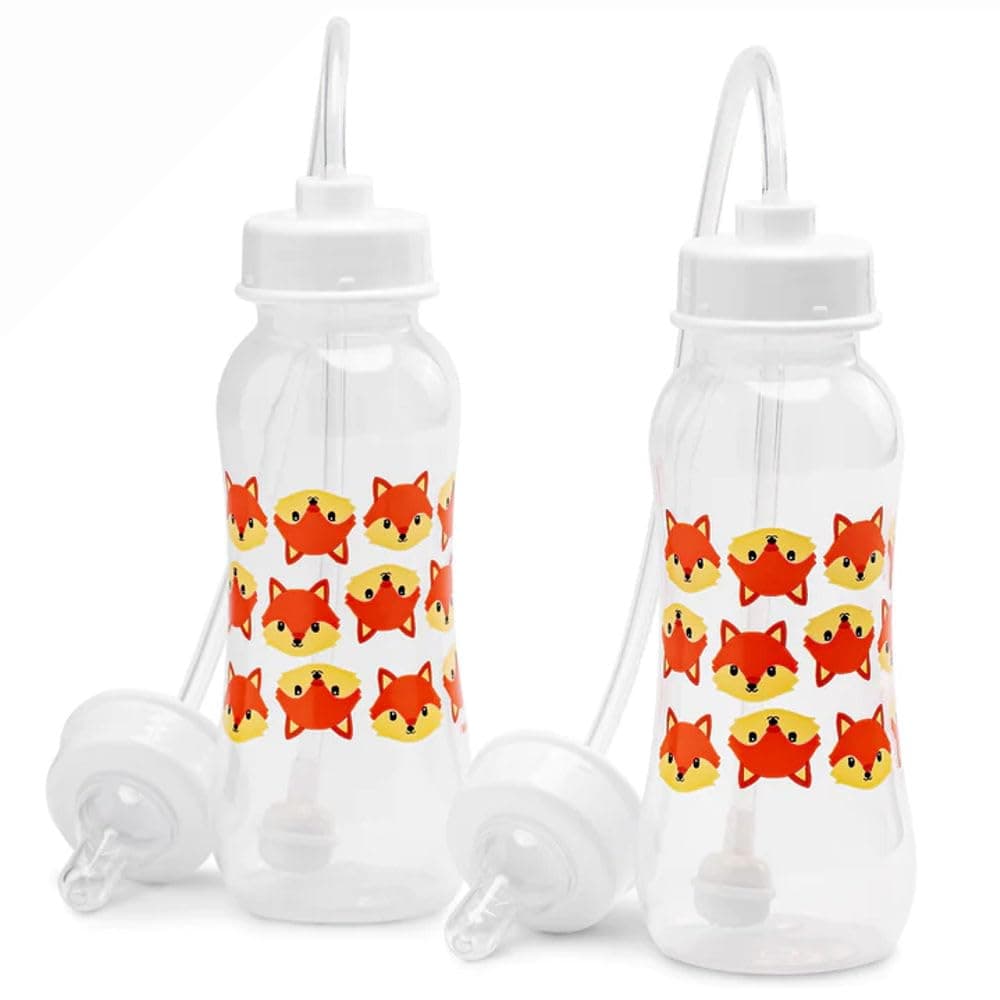 Hands-Free Baby Bottle - Anti-Colic Nursing System 9 oz Baby Bottle with Fast Flow Nipple/Teat 3m+ with Tube Straw Feeding System for Toddler (2 Bottles - Fox)