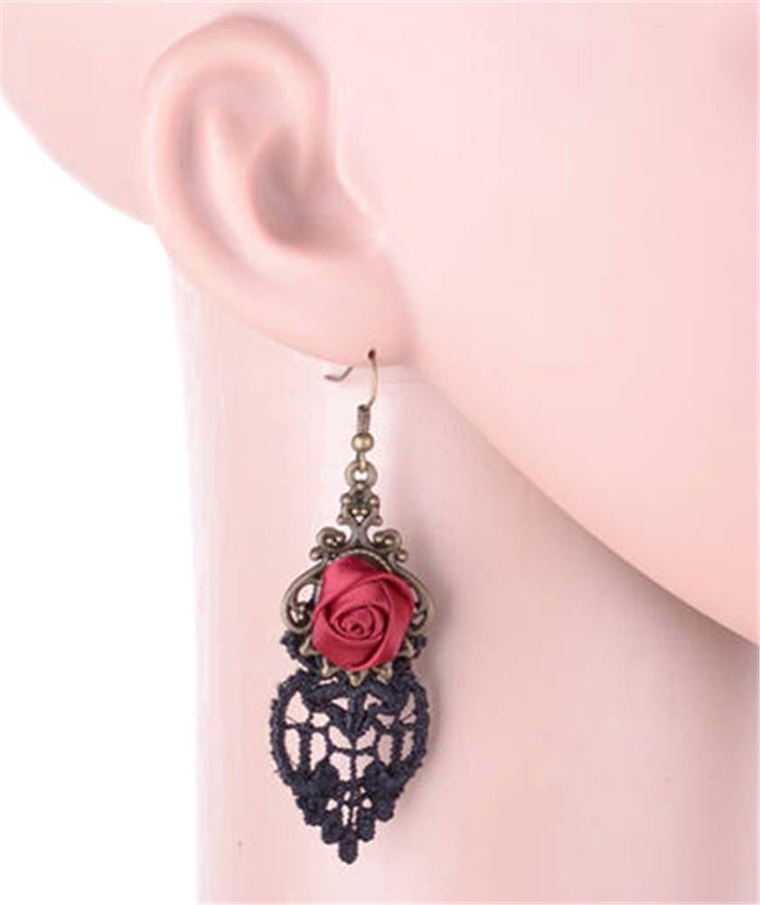 LUNA Womens Vintage Black Lace Drop Red Flower Dangle Hook Earrings Party
