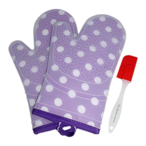 The Kitchen Haven Best Flex Silicone Oven Mitt Set For Women, Purple White Polka Dot Pair, Bonus Spatula