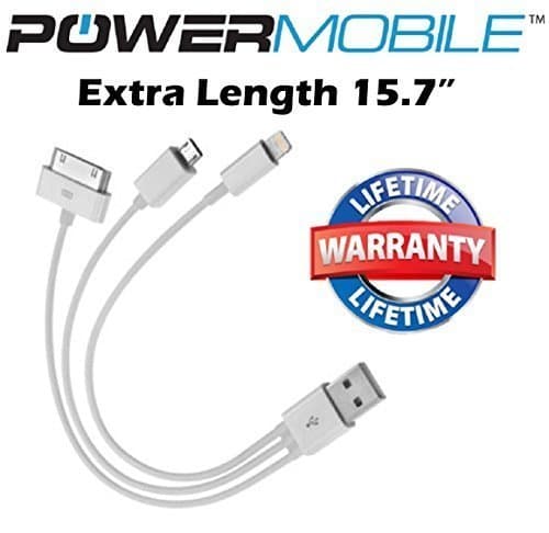 PowerMobileTM 3 in 1 Extra Length Premium Charging Cable for All Mobile Devices - Compatible With Apple iPhone, Android, Windows and Blackberry Phones and Tablets (15.7 Inch - 40cm)