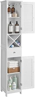 VASAGLE Bathroom Tall Cabinet, Freestanding Storage Cabinet with Shutter Doors, Drawer, and Removable X-Shaped Stand, 11.8 x 12.6 x 66.9 Inches, Scandinavian Style, White UBBC69WT
