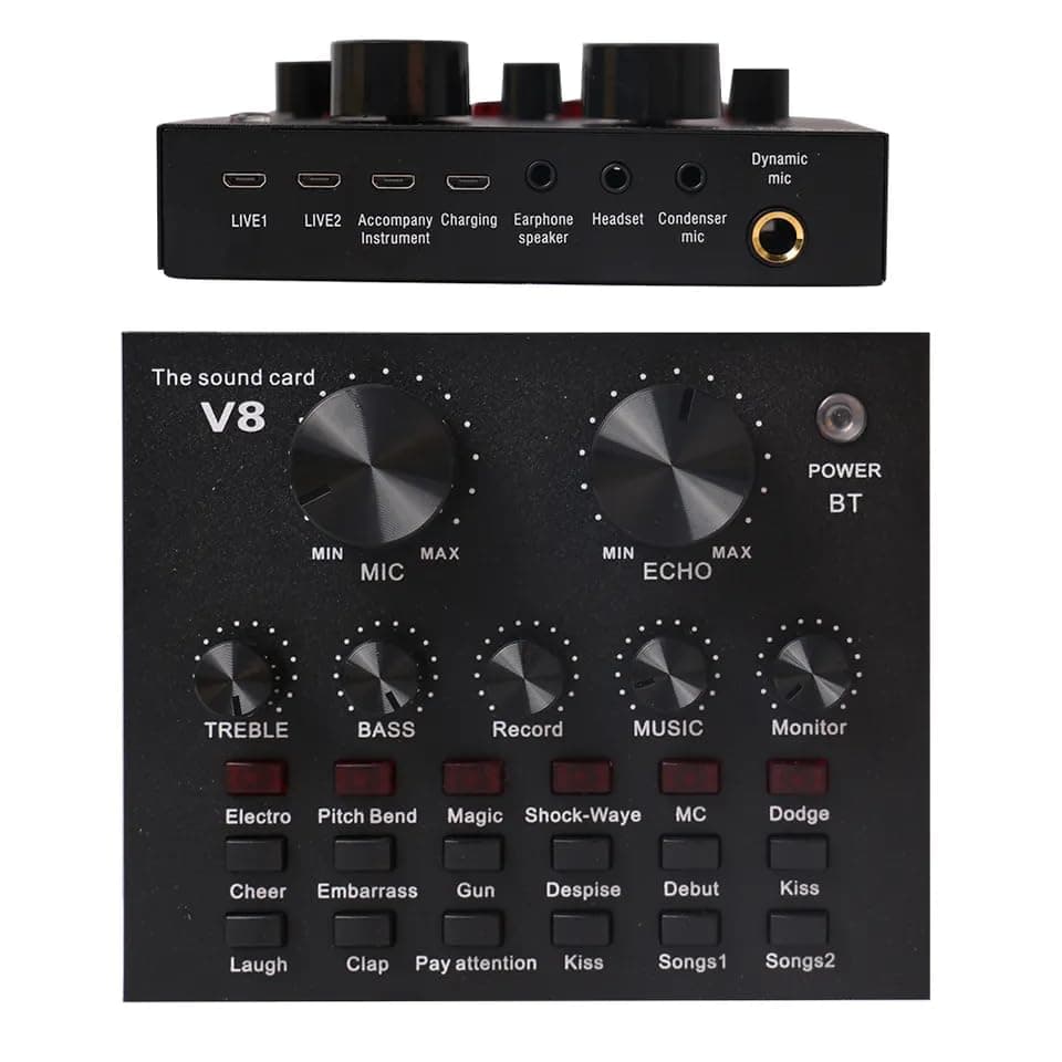DEVICE OF URBAN INFOTECH V8 Audio Interface, Bluetooth Sound Card for Live Streaming Recording Podcast Voice Change Karaoke Gaming Singing with 3.5mm Mic Jack Live Sound Card