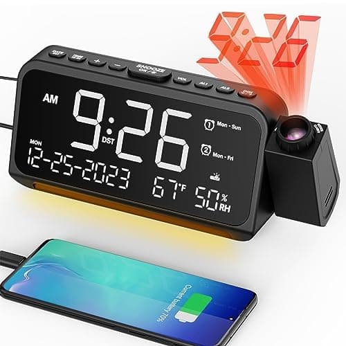 Projection Alarm Clock for Bedroom, Digital Clock with Projection on Ceiling with Night Light, Date, Temperature, Humidity, Type-C USB Charger, Snooze, Dual Alarms, Dimmer,12/24H