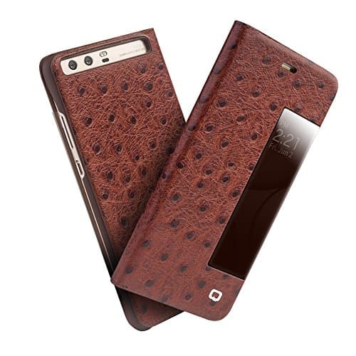 Huawei P10 Plus Case, QIALINO Slim Texture Genuine Leather Smart Cover (with Smart View Window and Auto Sleep Wake up Feature) for Huawei P10 Plus, Brown