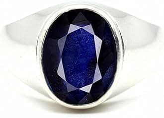 Natural Blue Sapphire Silver Ring for Men 6 Carat Oval Astrological Size 5,6,7,8,9,10,11,12,13