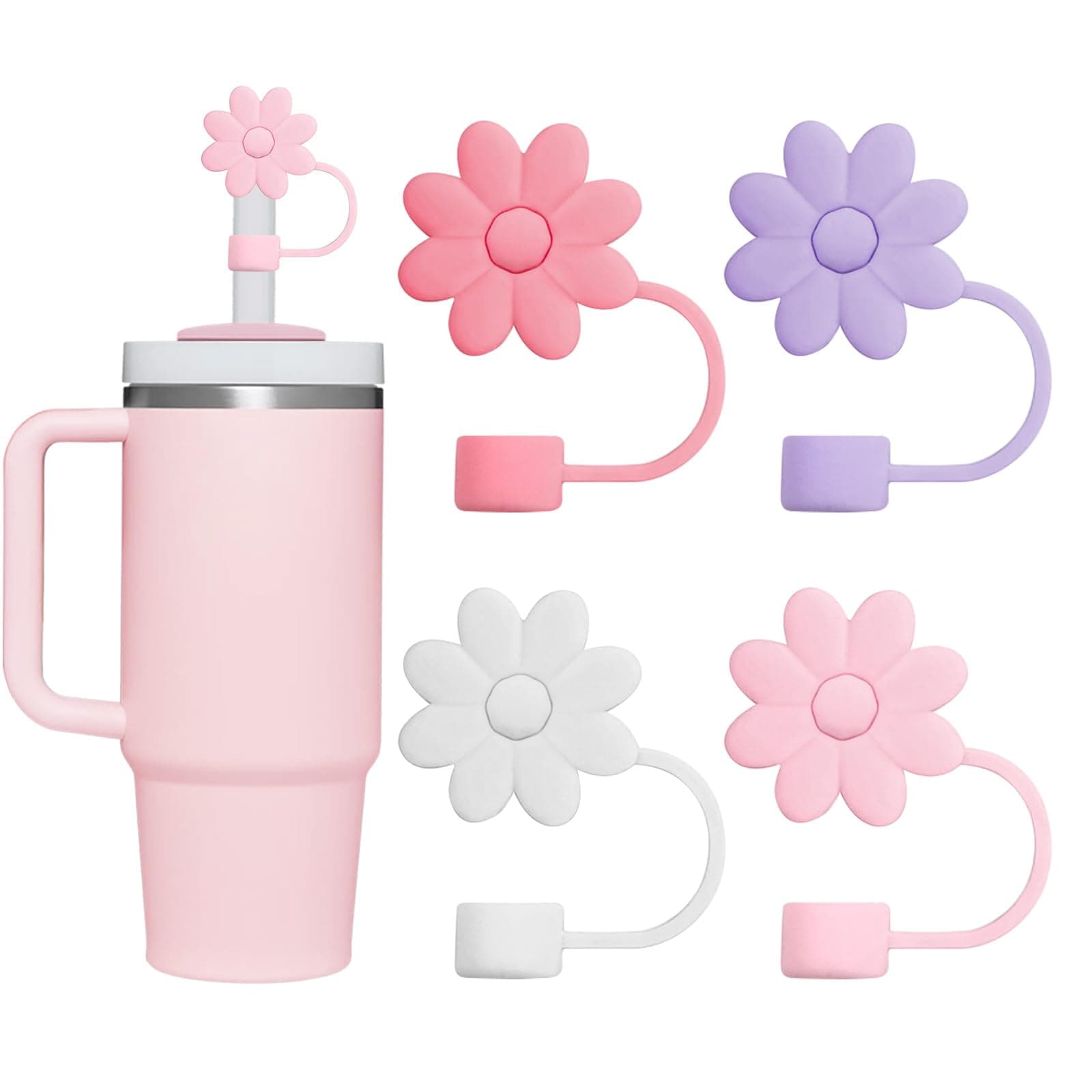 Silicone Straw Covers, 4 Pack, 10mm, Four Colors, Flower Designs, Reusable, Safe, Ideal for Stanley Cups and Modern Straws