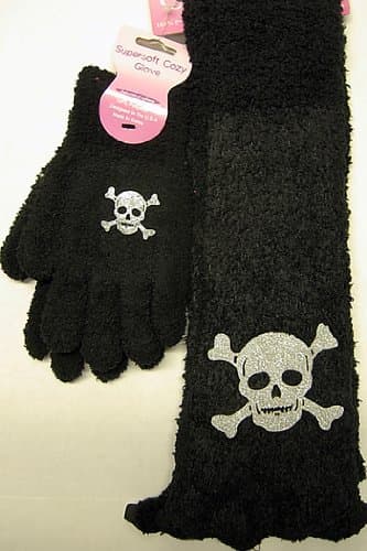 Bunk Junk Cozy Silver Skull Design Scarf and Glove Set in Black
