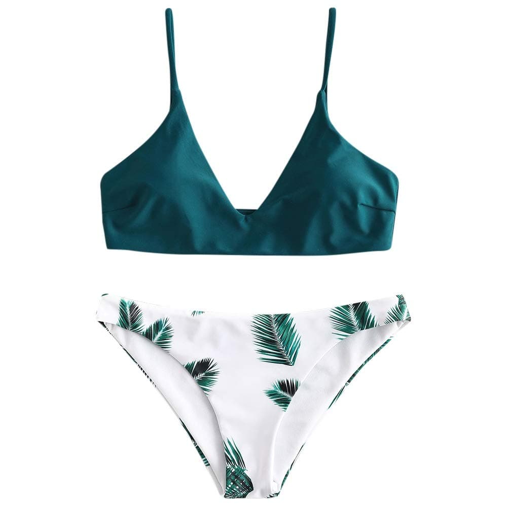 ZAFULPadded Bikini Set, Push Up Swimsuit with Tropical Leaf Pattern, High Waistband, Spaghetti Straps, Swimwear, Summer