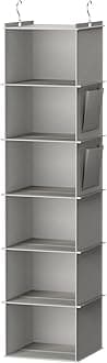 YOUDENOVA Hanging Closet Organizer and Storage, 6-Shelf Closet Hanging Shelves | Sturdy Bamboo Structure Cloth Hanging Storage, Sweater Organizer, 11.8” x 11.8” x 47.2”, Light Grey