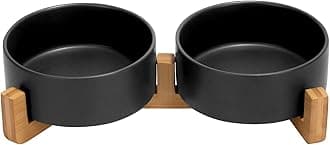 Ceramic Dog and Cat Bowl Set with Wooden Stand, Modern Cute Weighted Food Water Set for Small Size Dogs (13.5OZ) & Medium Sized Dogs (28.7OZ) & Cats (1.7 Cups, 2 × Black)