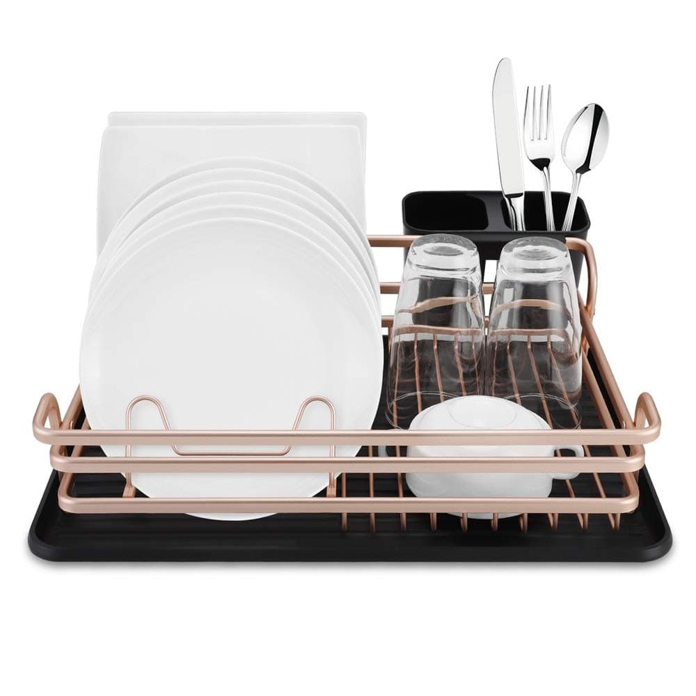 Dish Rack and Drainboard Set - Deluxe Aluminum Kitchen Drying Rack - Bronze Rose Gold Dish Drying Rack - Compact and Portable