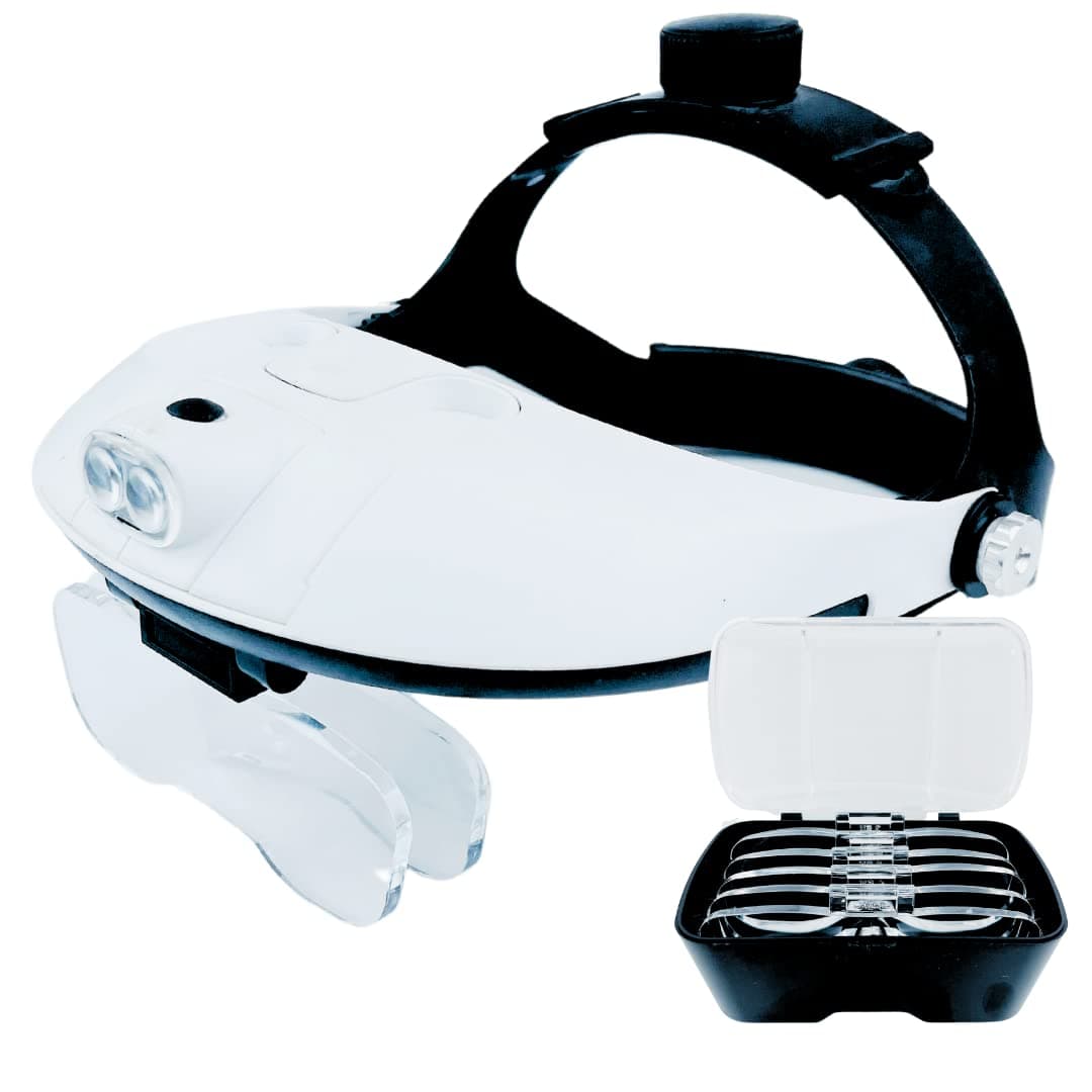 HAWK OPTICALS2 LED Illuminated Headband Magnifier - White || 5 Lens Power Options || Adjustable Fit || Great for Jewelry Making, Watch & Electronic Repair, Sewing & Embroidery