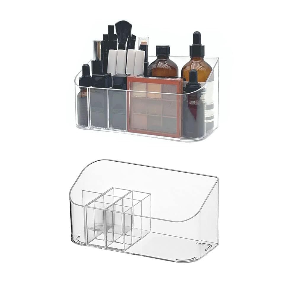 LINFIDITE 2 Pack Bathroom Cabinet Cosmetic Storage Tray Makeup Organizer Tray with 9 Compartments 2 Removable Dividers Lipgloss Organizer Makeup Display Tray Case for Beauty Essentials Crystal Clear