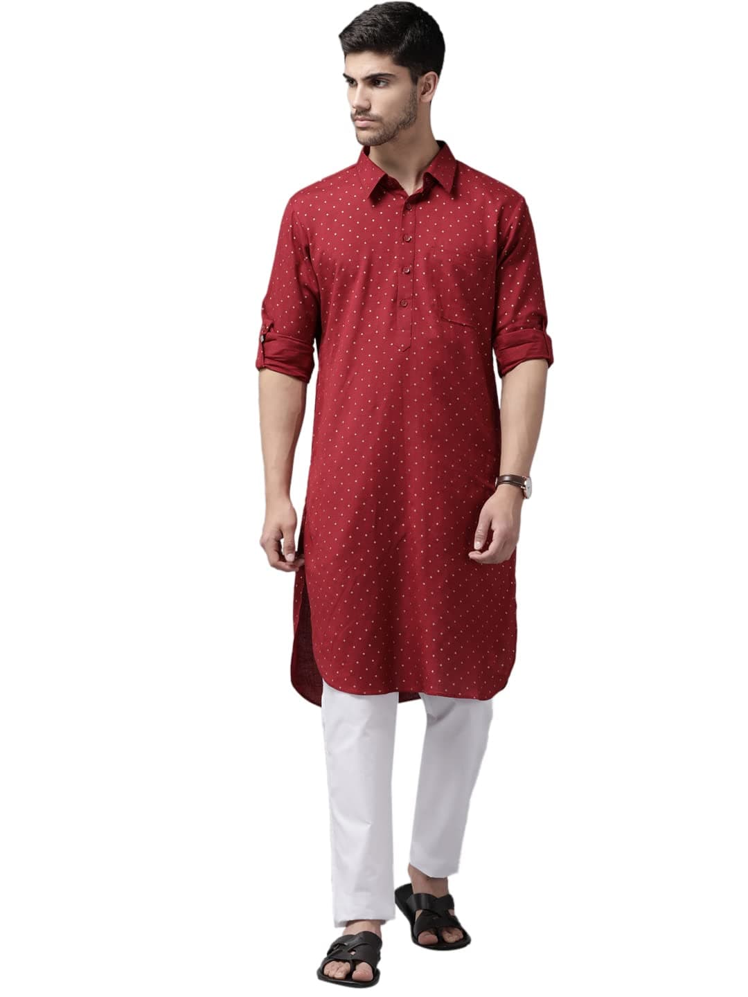 See DesignsMen's Maroon Regular Pure Cotton Pathani Printed Men's Kurta