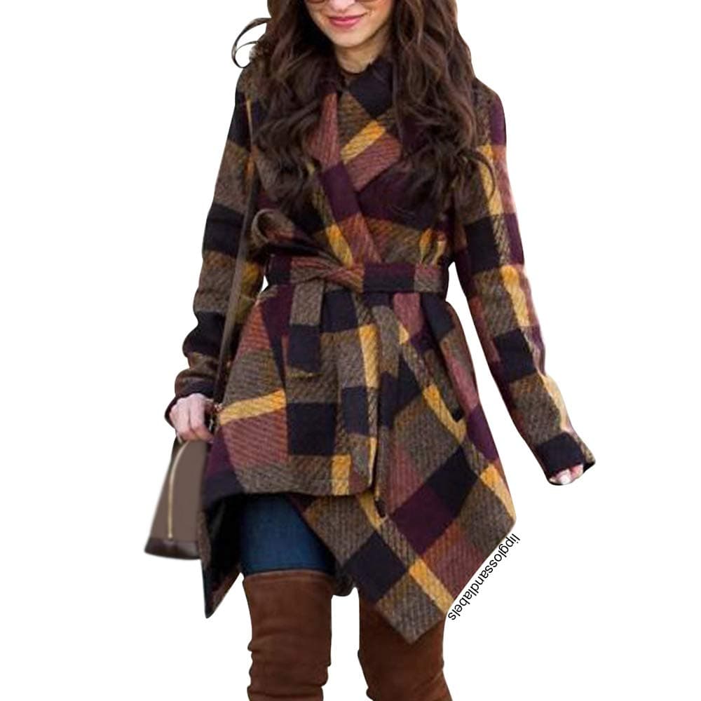 CHICWISH Women's Turn Down Shawl Collar Earth Tone Check Asymmetric Hemline Wool Blend Coat