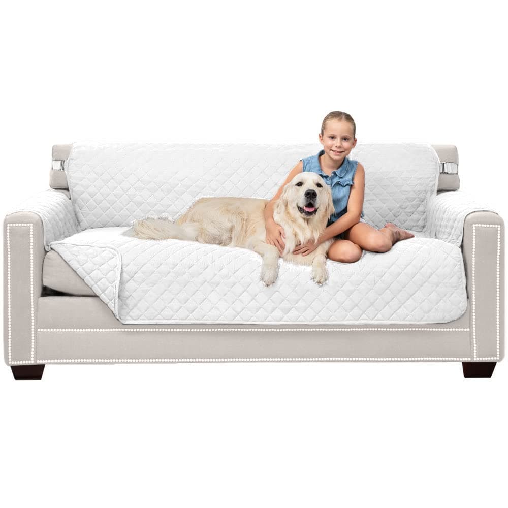 Sofa Shield Couch Slip Cover with Patented Strap, Cushion Protector, US Designed Reversible Stain and Dog Tear Resistant Slipcover, 70 inch Seat, Washable Covers for Dogs Pets Kids, White