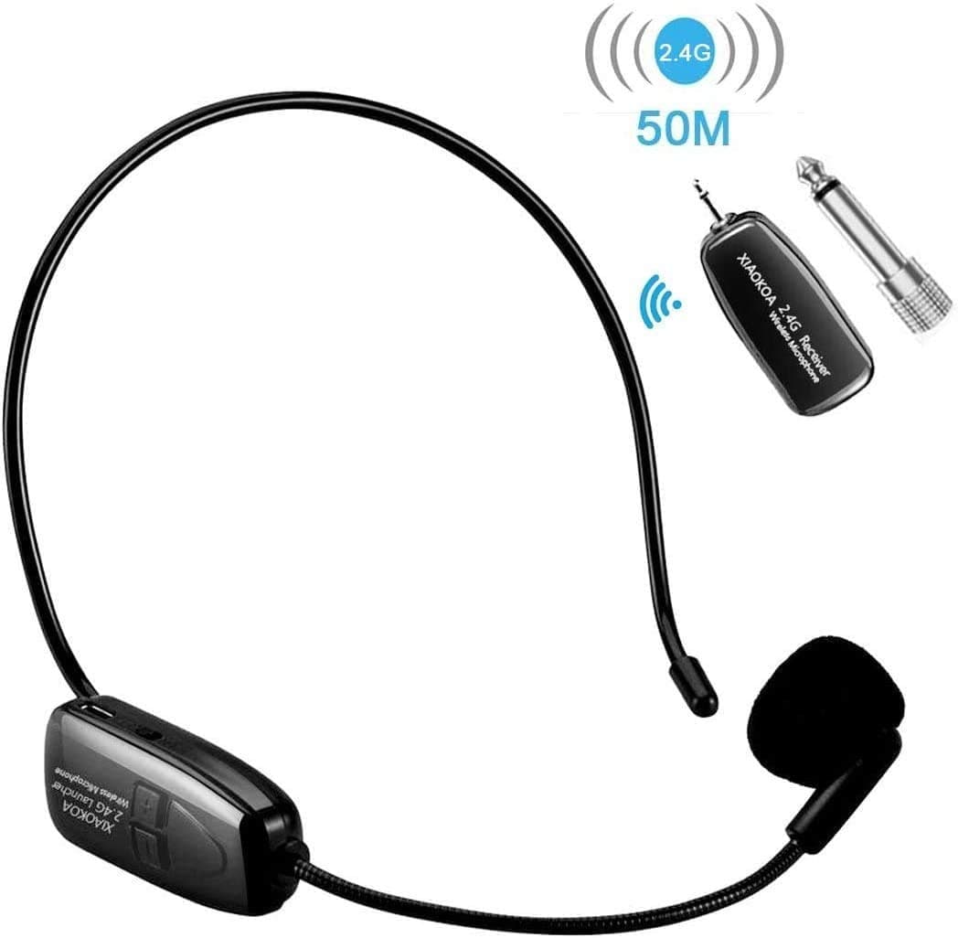 XIAOKOA 2.4G Wireless Handheld and Headset 2 in 1 Rechargeable Mic with Receiver for Voice Amplifier, Stage Speaker, Public Speaking and Teaching