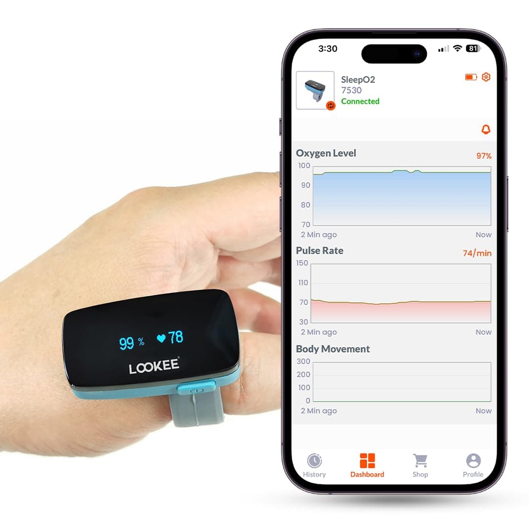 LOOKEE O2-Tracker Ring Continuous Pulse Oximeter - Wearable Oxygen Monitor with Vibration Reminder for Low O2 - Rechargeable Blood Oxygen Saturation SpO2 Meter - Free APP with Reports