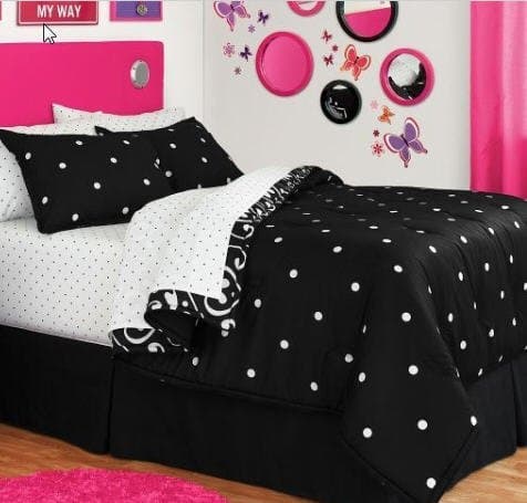 Black & White Polka Dot Reversible Full Comforter Set (8 Piece Bed In A Bag)