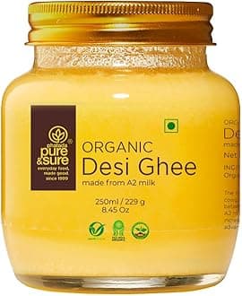 Pure & Sure Organic A2 Desi Ghee 250 ML | 100% Pure Cow Ghee | Made by Traditional Bilona Method | Curd-Churned | Natural Immunity Booster & Other Benifits (Glass Jar)