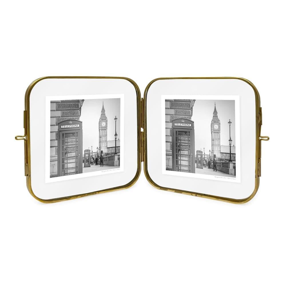 Isaac Jacobs 4x4 Vintage Style, Double-Sided Round-Edged Brass & Glass Metal Floating Picture Frame with Locket Closure (Vertical), Made for Tabletop Display (4x4, Antique Gold)