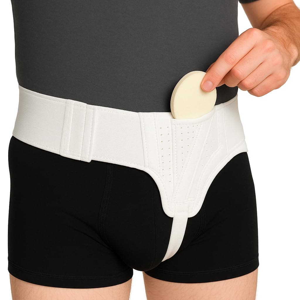 AT Surgical Left Side Inguinal Hernia Truss – Post-Surgery Support White Belt with Adjustable Strap & Compression Pad – Targeted Groin Relief for Men and Women (Large)