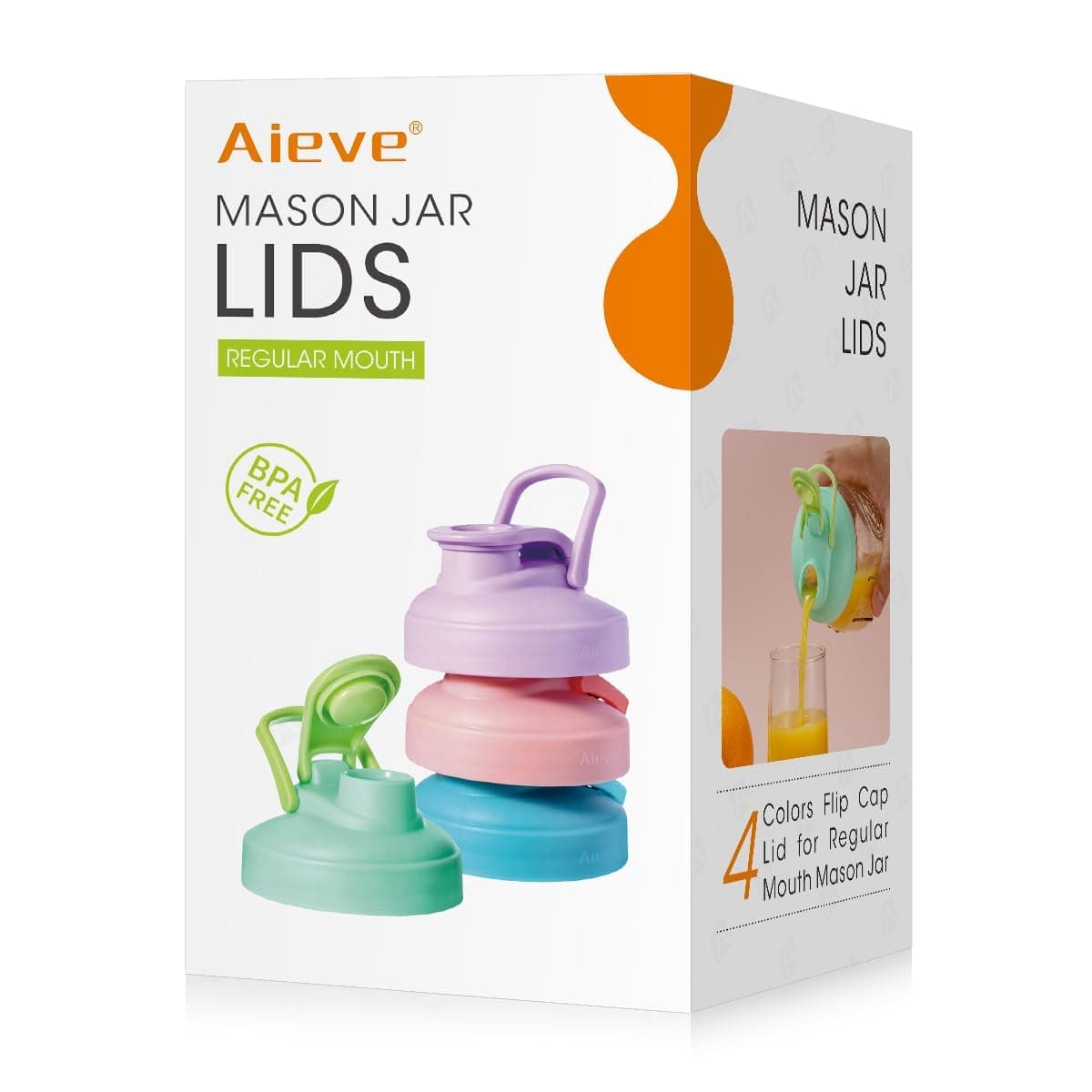 AIEVE Mason Jar Lids, 4 Pack Reusable Regular Mouth Canning Lids with Flip Top Lid Leak-Proof Seal for Regular Mouth Mason Jars Canning Jars to Pouring Milk Coffee Lemonade (Jars not Included)