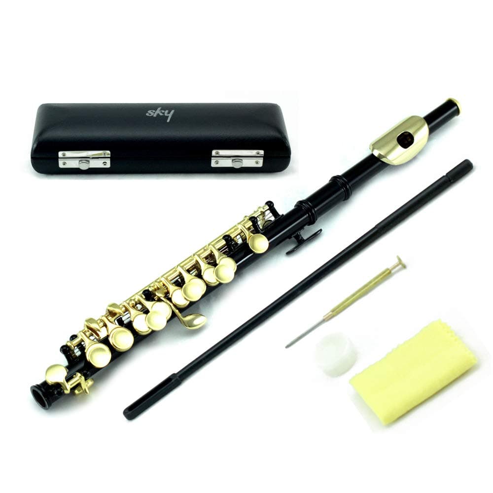 Sky Band Approved Black Laquer with Gold Keys Piccolo Key of C with Hard Case, Cloth, Cleaning Rod, Joint Greasae and Screw Drive
