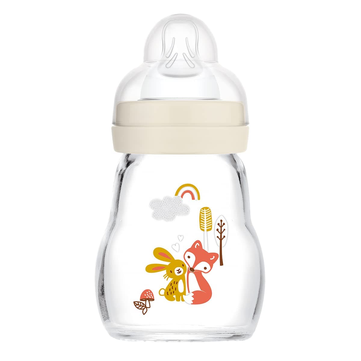 Feel Good Glass Bottle | 1 Pack (1 x 170ml) | MAM Glass Bottle with Slow Flow Teat Size 1 | Baby Accessories for Newborn | White (Various Designs)