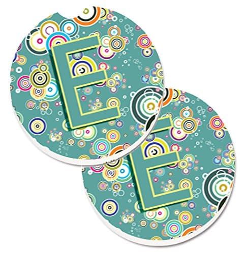 Caroline's Treasures CJ2015-ECARC Letter E Circle Circle Teal Initial Alphabet Set of 2 Cup Holder Car Coasters, Large, multicolor