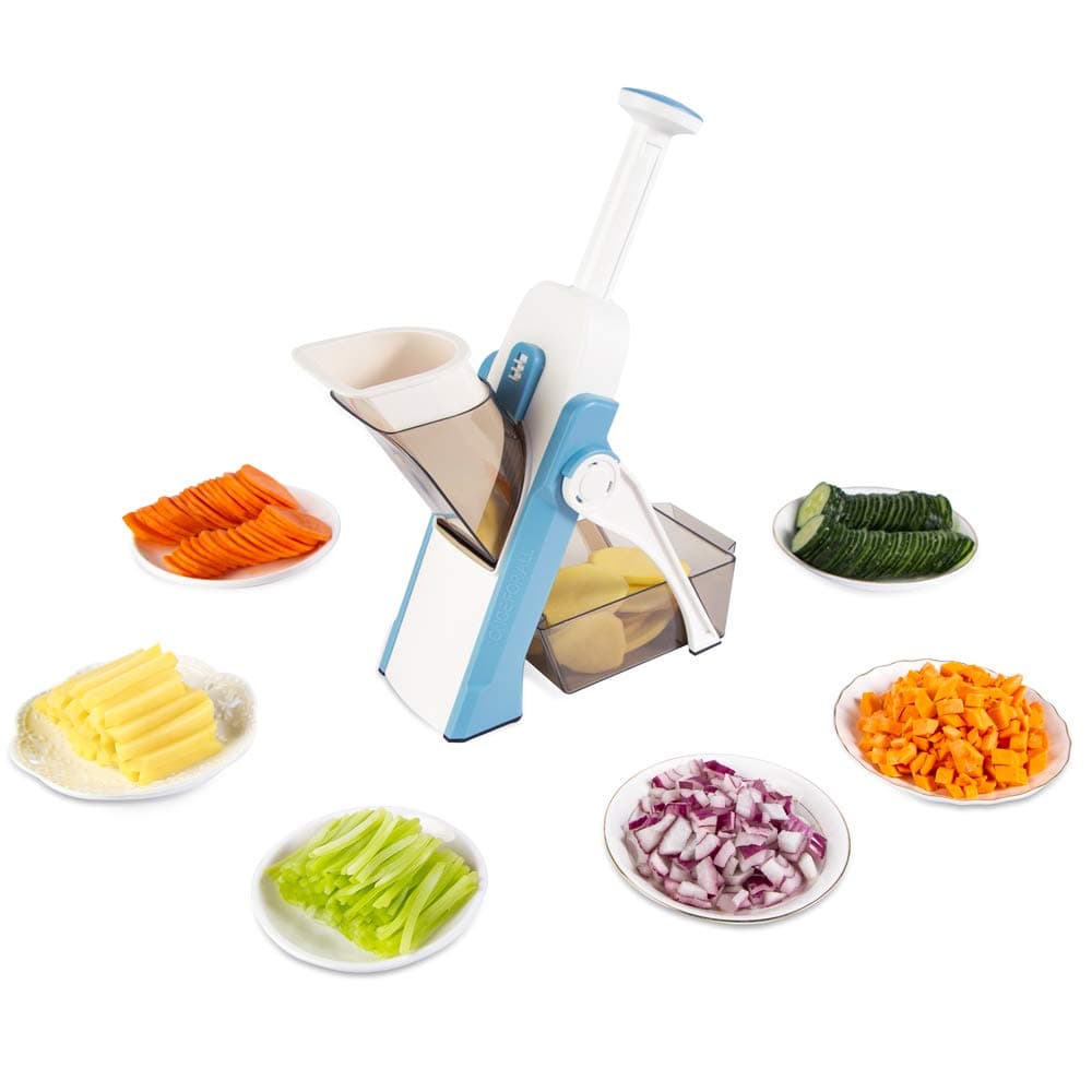 Safe Mandoline Slicer 5 in 1 Vegetable Cutter, Strips Julienne Dicer Adjustable Thickness 0.1-8 mm for Kitench Fast Meal Prep (Light Blue)