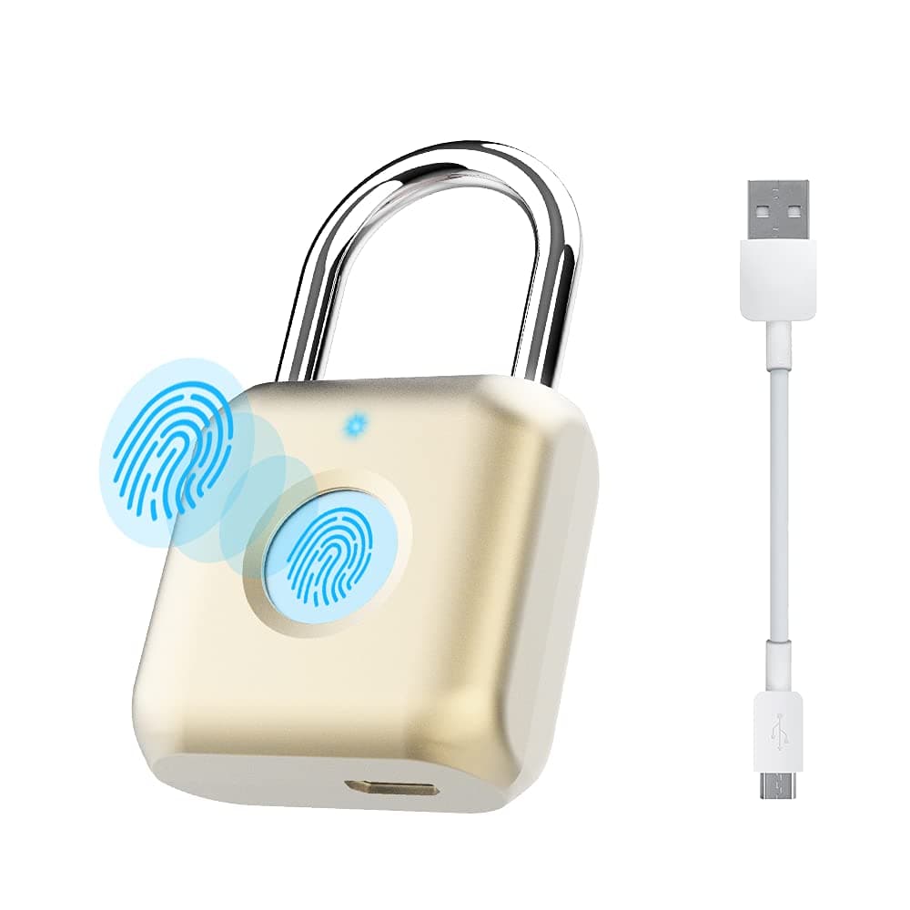 Pothunder Fingerprint Padlock, Smart Metal Keyless Thumbprint Lock, Waterproof, USB Rechargeable, for Gym, School, Luggage, Backpack, Suitcase, Golden