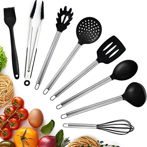 Silicone Cooking Utensils Set, 8 Pcs Kitchen Utensils Set with Stainless Steel Handle for Non-stick Cookware, Heat Resistant, Cooking Tool Turner Tongs Spatula Spoon Gadgets