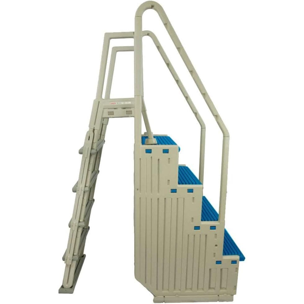 Pool Step & Ladder Grants Plastic for Ground Swimming | Heavy Duty | Warm Grey Frame and Blue Steps | Deck Height Up to 60" | Safely Entering and Exiting the Pool