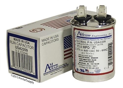 Trane CPT00453 / CPT-0453 Replacement - 15 uf/Mfd 370/440 VAC AmRad Round Universal CapacitorReplacement Made in The U.S.A.