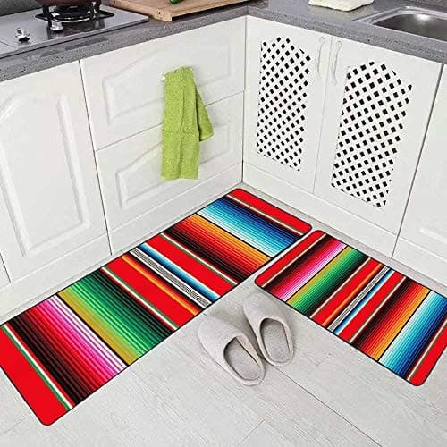Soft Kitchen Rugs 2 Pieces,Mexican Rug Pattern Serape Stripes Detail Background with Colors Washable Non-Slip Kitchen Mat Set 17"X48"+17"X24" Rug for Floor