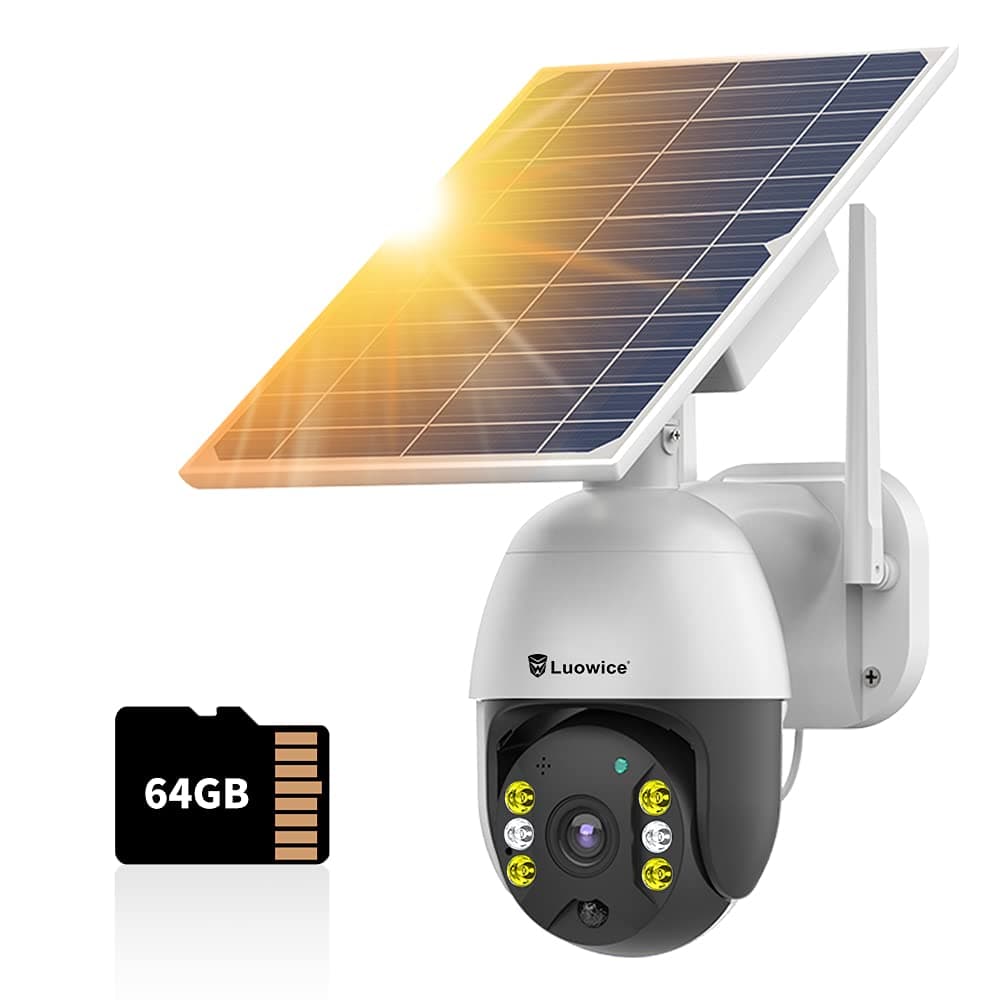 Solar Security Outdoor 2-Way Audio Camera Wireless WiFi with Light Night Vision Motion Detection , Wireless Rechargeable Battery Home Security Camera, PT Zoom, Siren，IP65 Weather Proof, 64G SD Card